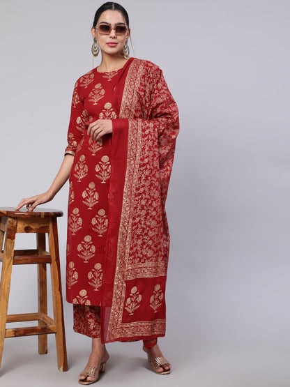 Women Maroon Ethnic Printed Kurta With Palazzo And Dupatta | LASVINI - Redefining Indian Fashion with Elegance
