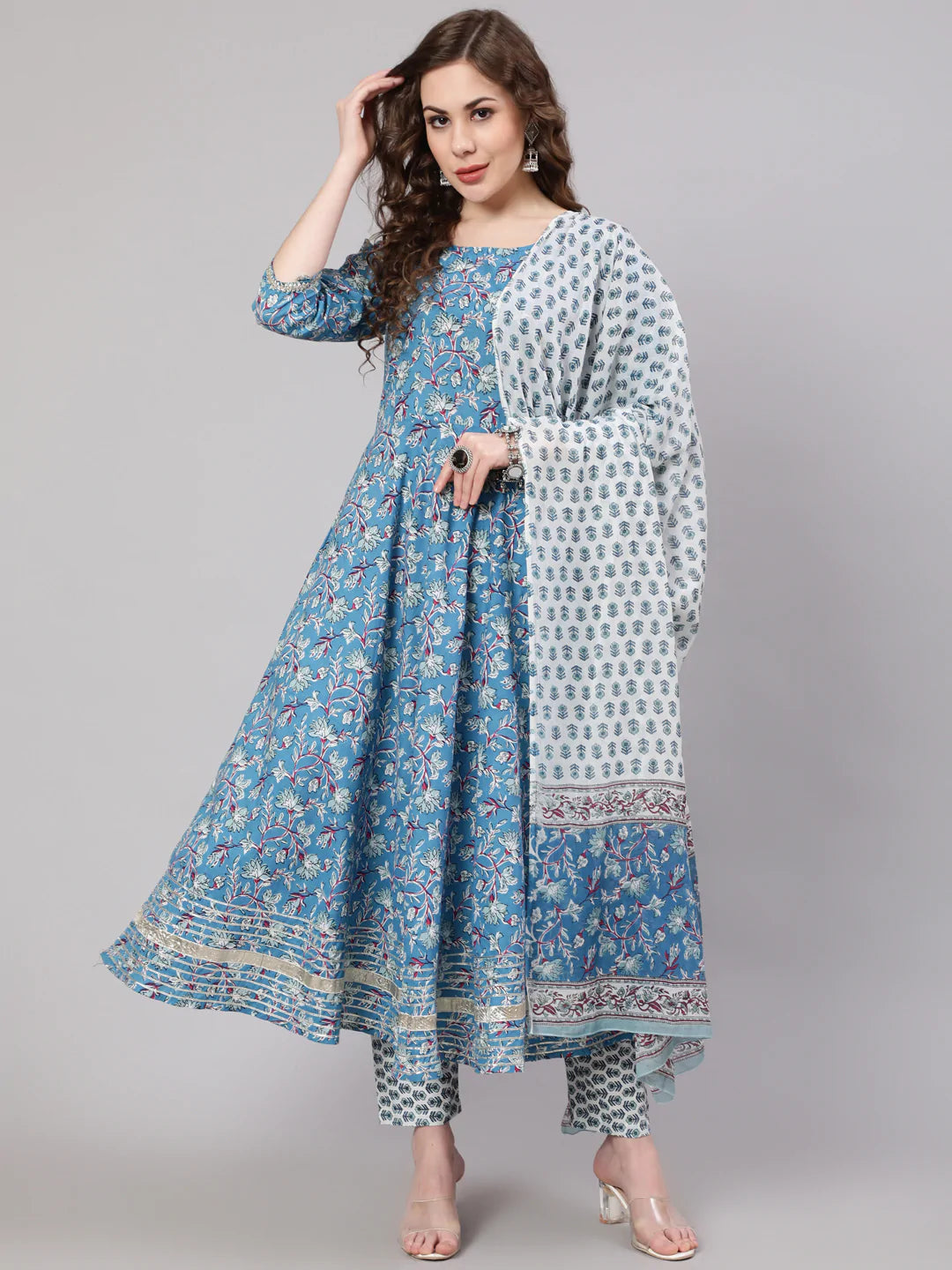 Women Blue Printed Anarkali Kurta With Trouser And Dupatta | LASVINI - Redefining Indian Fashion with Elegance
