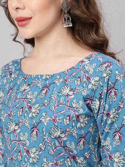 Women Blue Printed Anarkali Kurta With Trouser And Dupatta | LASVINI - Redefining Indian Fashion with Elegance
