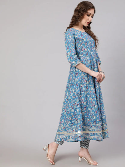 Women Blue Printed Anarkali Kurta With Trouser And Dupatta | LASVINI - Redefining Indian Fashion with Elegance