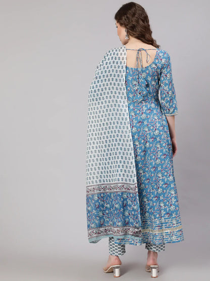 Women Blue Printed Anarkali Kurta With Trouser And Dupatta | LASVINI - Redefining Indian Fashion with Elegance