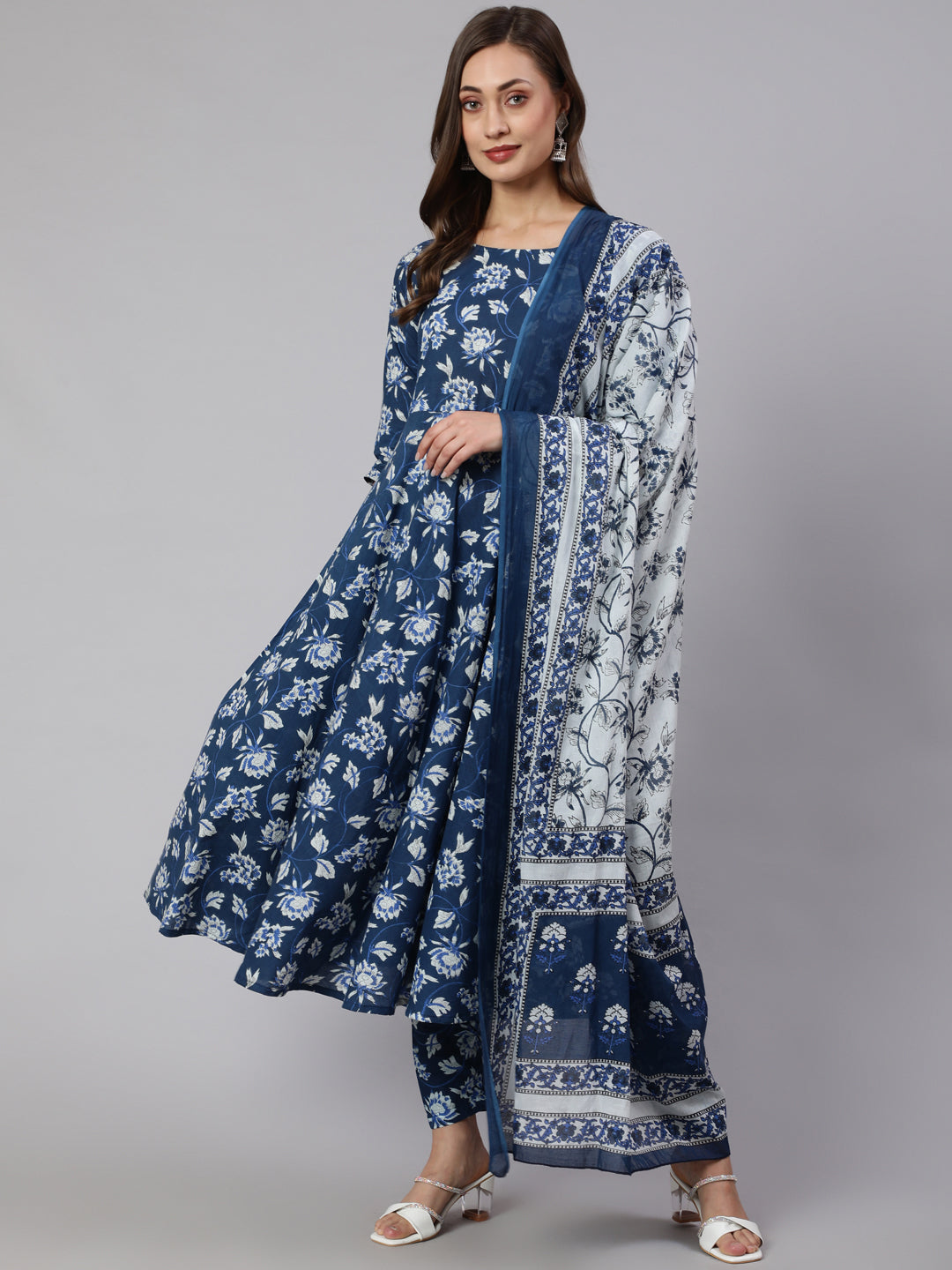 Women Blue Floral Printed Anarkali Kurta With Trouser And Dupatta | LASVINI - Redefining Indian Fashion with Elegance
