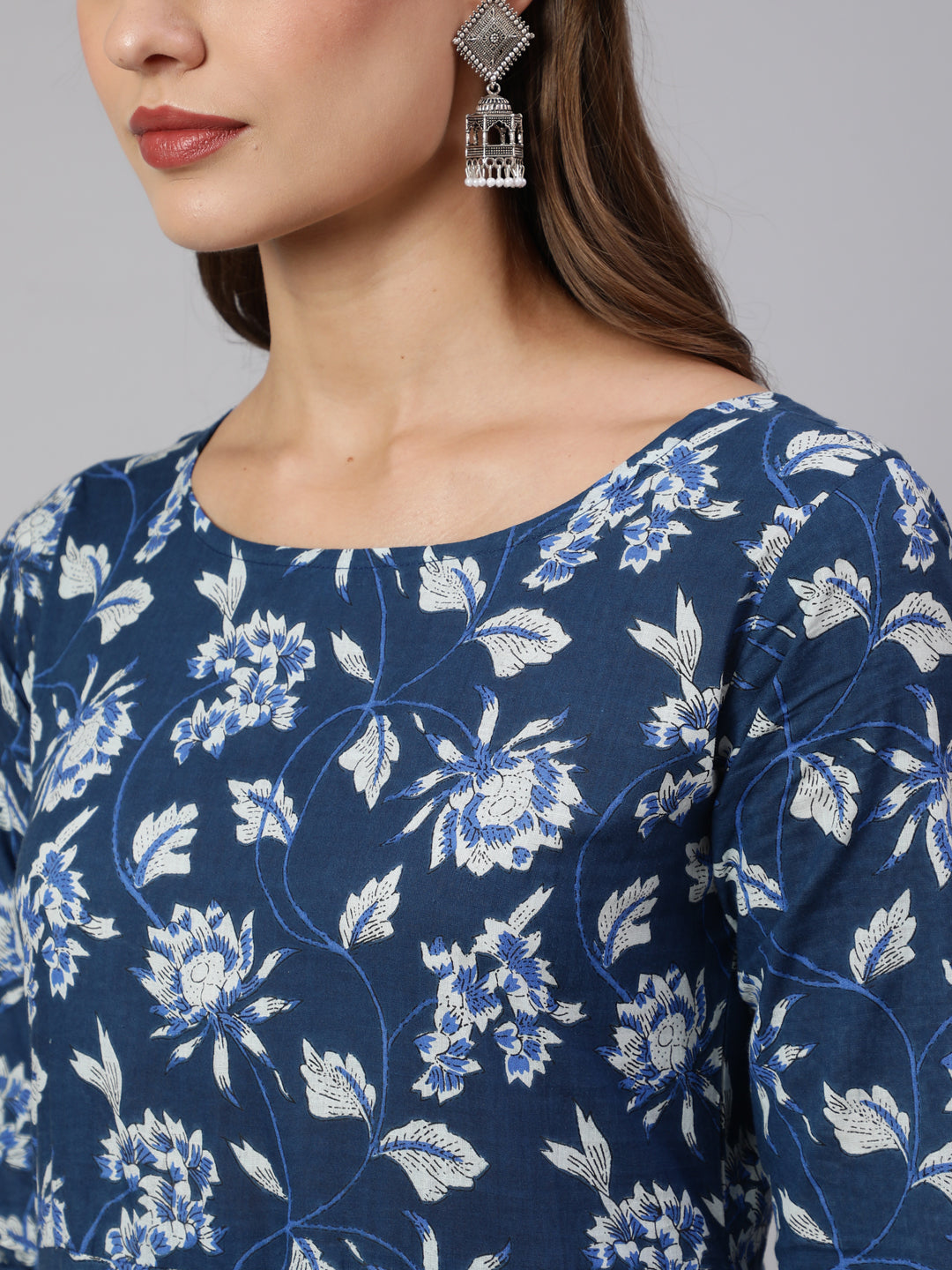 Women Blue Floral Printed Anarkali Kurta With Trouser And Dupatta | LASVINI - Redefining Indian Fashion with Elegance