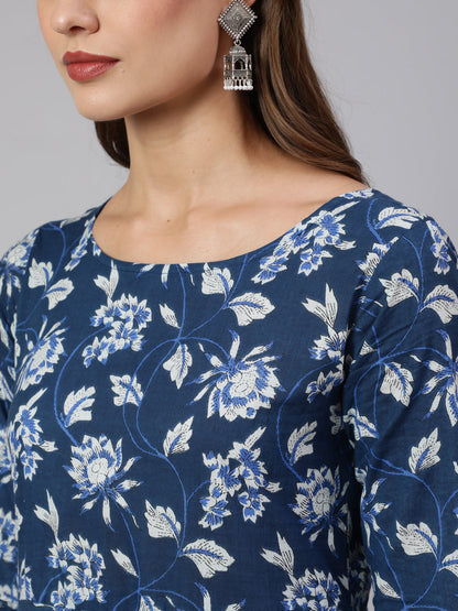 Women Blue Floral Printed Anarkali Kurta With Trouser And Dupatta | LASVINI - Redefining Indian Fashion with Elegance