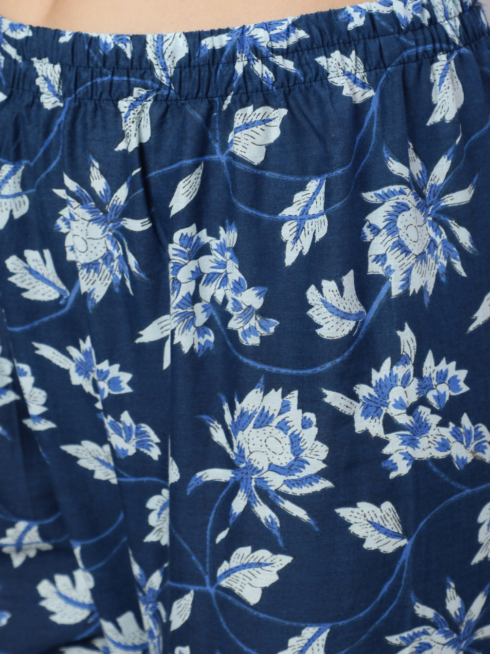 Women Blue Floral Printed Anarkali Kurta With Trouser And Dupatta | LASVINI - Redefining Indian Fashion with Elegance