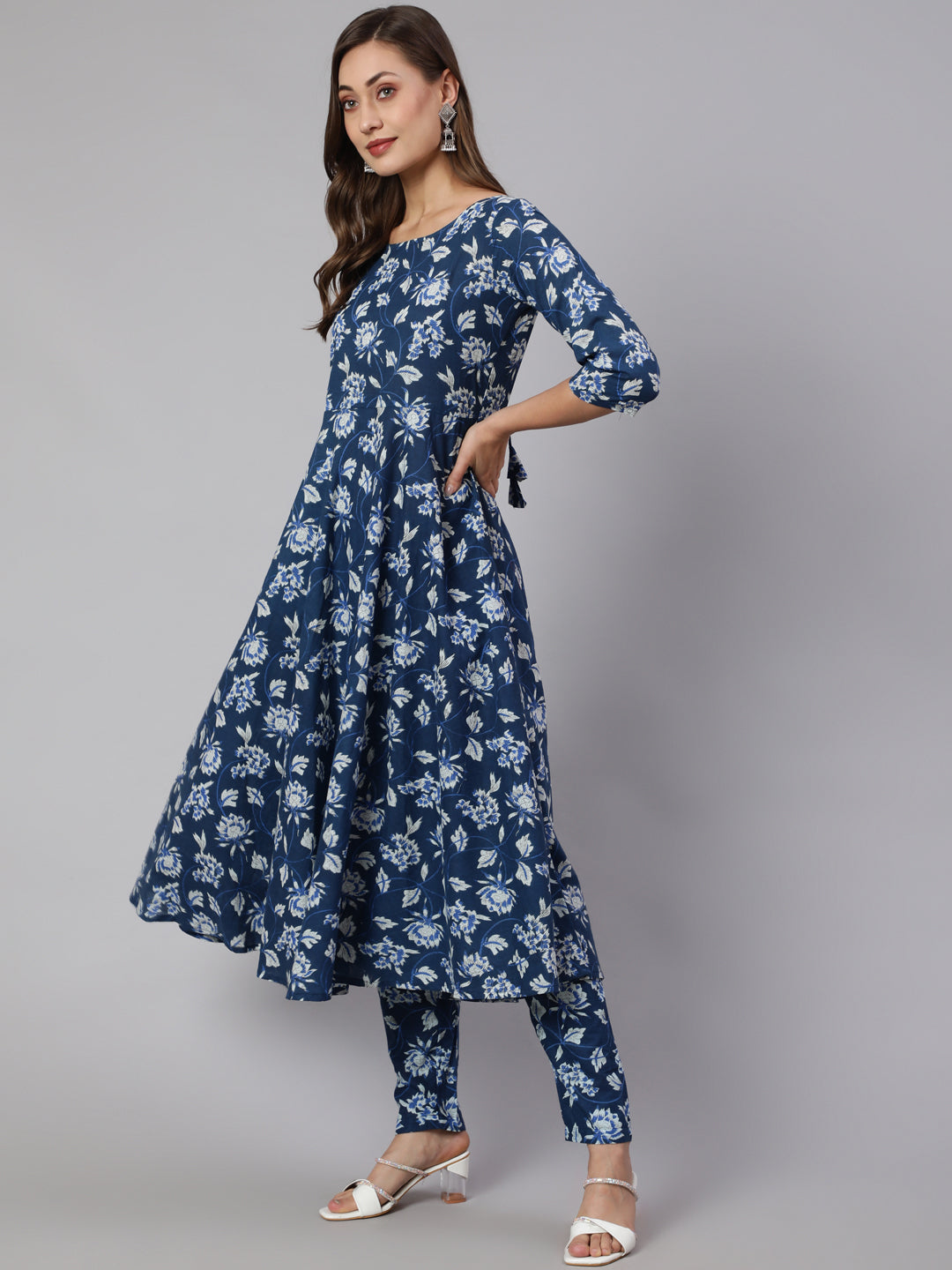Women Blue Floral Printed Anarkali Kurta With Trouser And Dupatta | LASVINI - Redefining Indian Fashion with Elegance