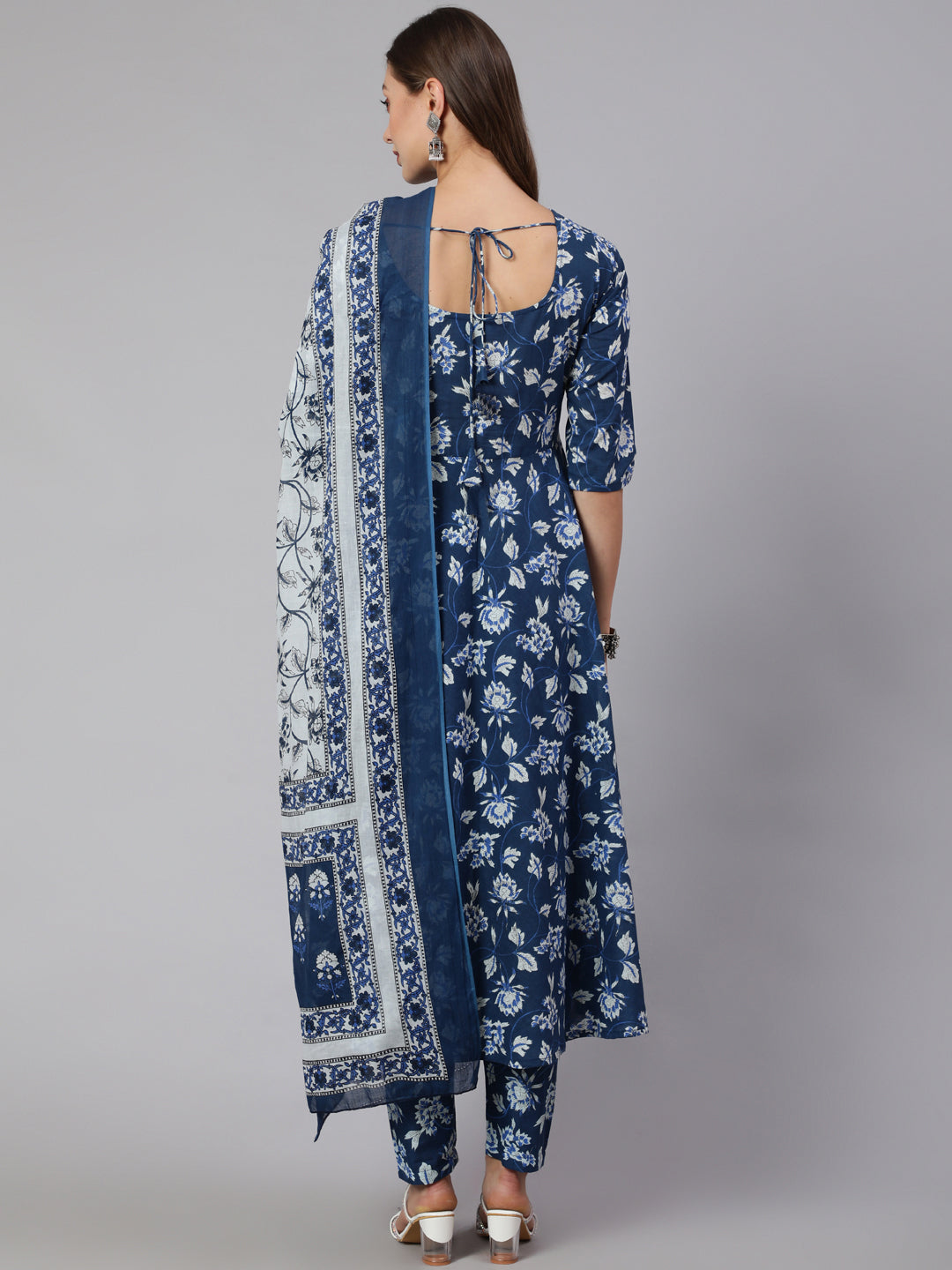 Women Blue Floral Printed Anarkali Kurta With Trouser And Dupatta | LASVINI - Redefining Indian Fashion with Elegance