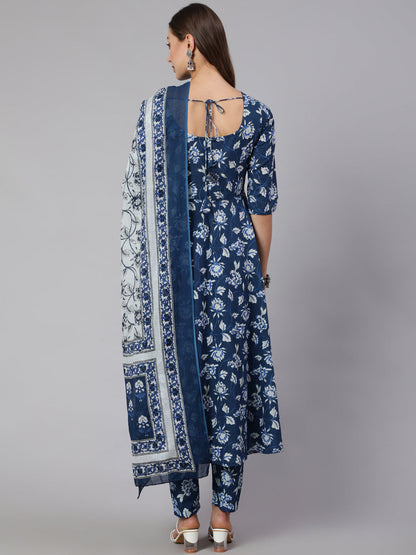 Women Blue Floral Printed Anarkali Kurta With Trouser And Dupatta | LASVINI - Redefining Indian Fashion with Elegance