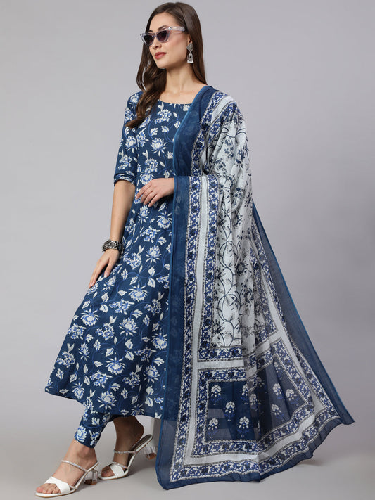 Women Blue Floral Printed Anarkali Kurta With Trouser And Dupatta | LASVINI - Redefining Indian Fashion with Elegance