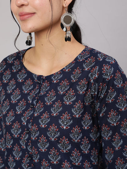 Women Blue Printed Straight Kurta With Trouser | LASVINI - Redefining Indian Fashion with Elegance