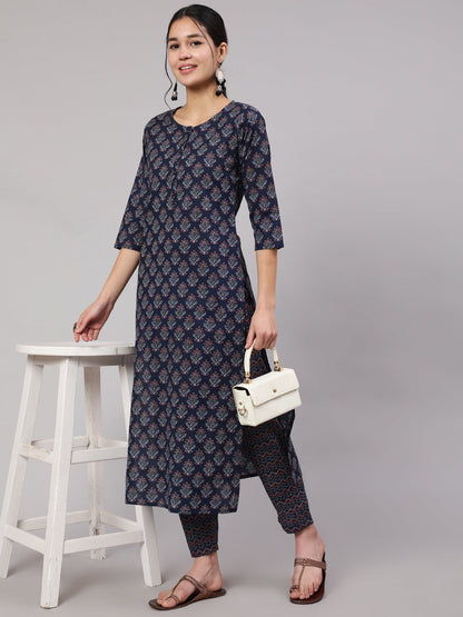 Women Blue Printed Straight Kurta With Trouser | LASVINI - Redefining Indian Fashion with Elegance