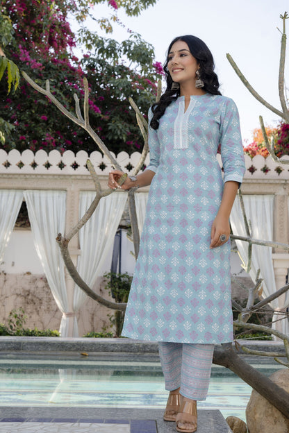 Women Sky Blue Printed Straight Kurta With Trouser | LASVINI - Redefining Indian Fashion with Elegance