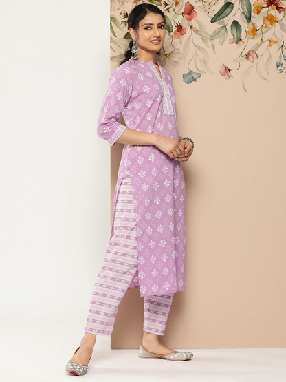 Women Lavender Printed Straight Kurta With Trouser | LASVINI - Redefining Indian Fashion with Elegance