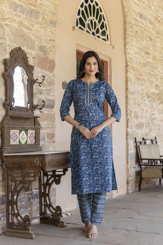 Women Blue Printed Straight Kurta With Trouser | LASVINI - Redefining Indian Fashion with Elegance