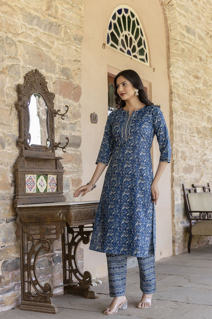 Women Blue Printed Straight Kurta With Trouser | LASVINI - Redefining Indian Fashion with Elegance