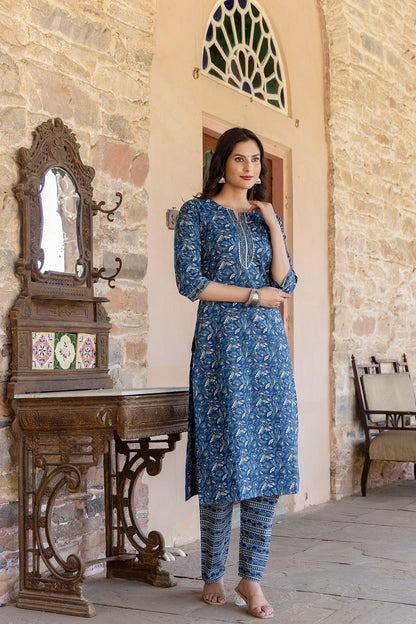 Women Blue Printed Straight Kurta With Trouser | LASVINI - Redefining Indian Fashion with Elegance