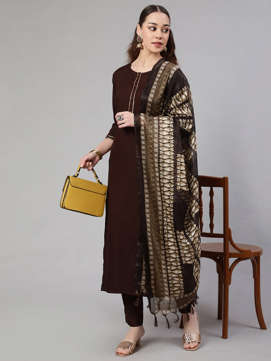 Women Dark Brown Straight Kurta With Palazzo And Art Silk Dupatta | LASVINI - Redefining Indian Fashion with Elegance