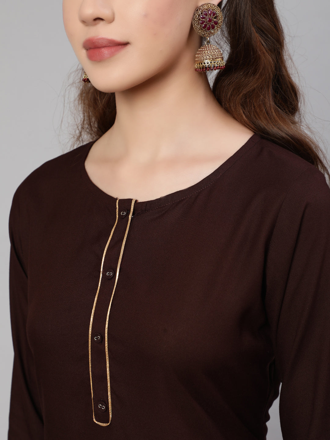 Women Dark Brown Straight Kurta With Palazzo And Art Silk Dupatta | LASVINI - Redefining Indian Fashion with Elegance
