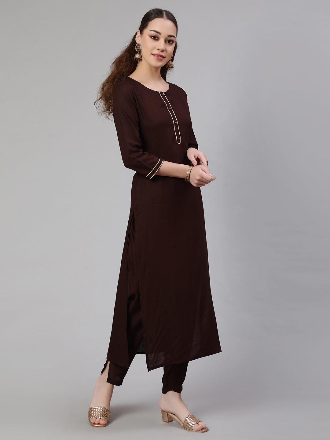 Women Dark Brown Straight Kurta With Palazzo And Art Silk Dupatta | LASVINI - Redefining Indian Fashion with Elegance