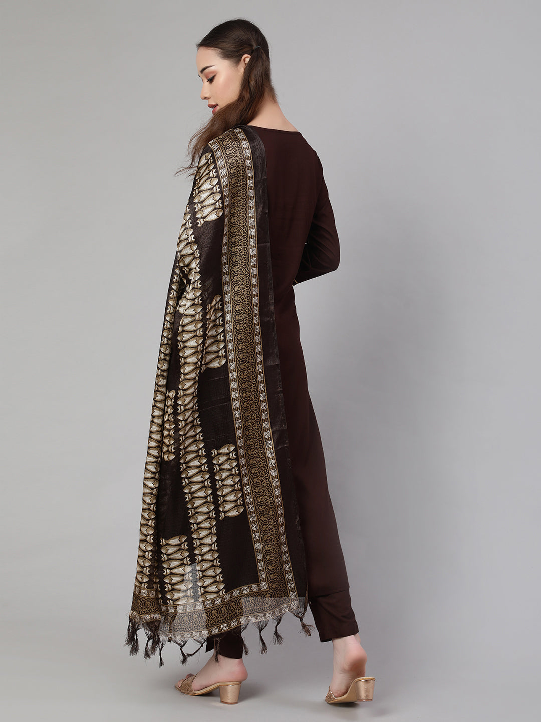 Women Dark Brown Straight Kurta With Palazzo And Art Silk Dupatta | LASVINI - Redefining Indian Fashion with Elegance