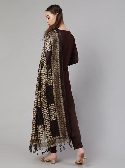 Women Dark Brown Straight Kurta With Palazzo And Art Silk Dupatta | LASVINI - Redefining Indian Fashion with Elegance