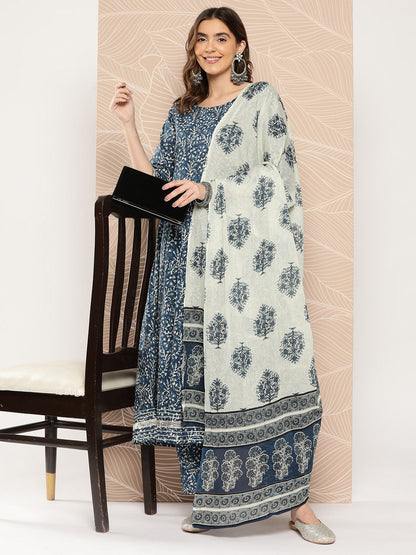 Women Blue Printed Flared Kurta And Trouser With Dupatta | LASVINI - Redefining Indian Fashion with Elegance