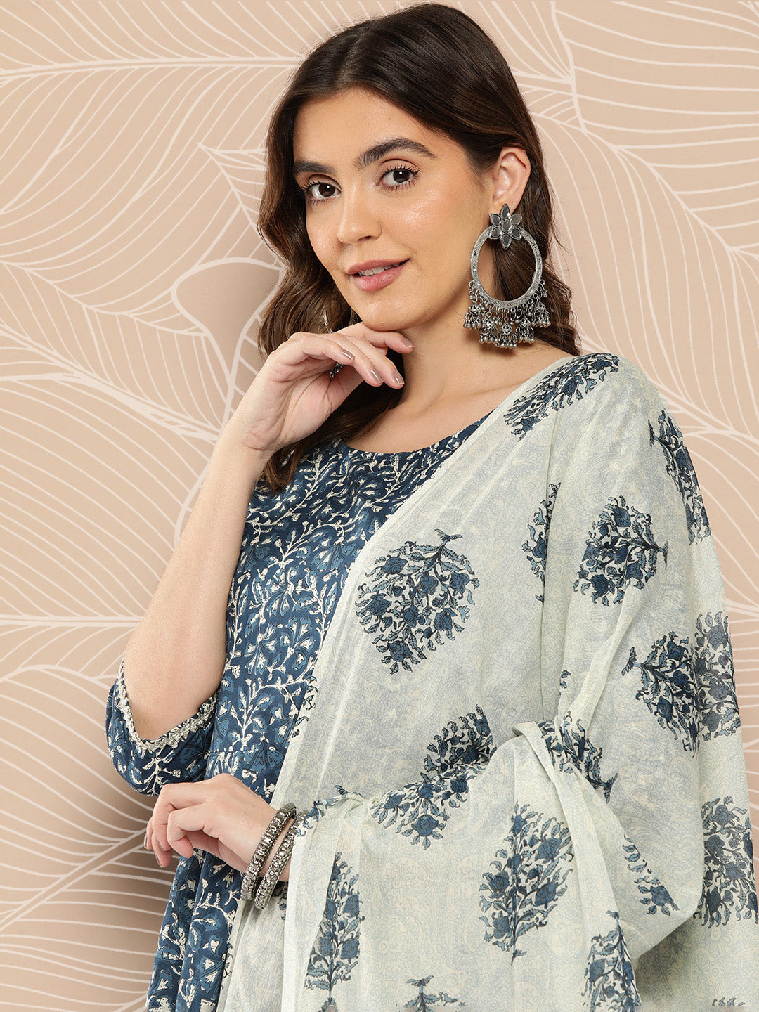 Women Blue Printed Flared Kurta And Trouser With Dupatta | LASVINI - Redefining Indian Fashion with Elegance