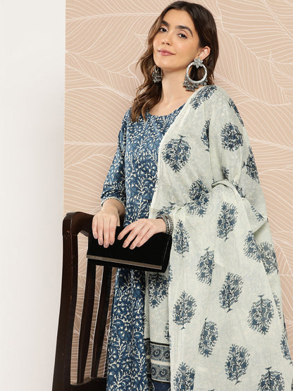 Women Blue Printed Flared Kurta And Trouser With Dupatta | LASVINI - Redefining Indian Fashion with Elegance
