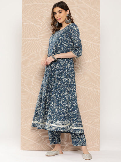 Women Blue Printed Flared Kurta And Trouser With Dupatta | LASVINI - Redefining Indian Fashion with Elegance