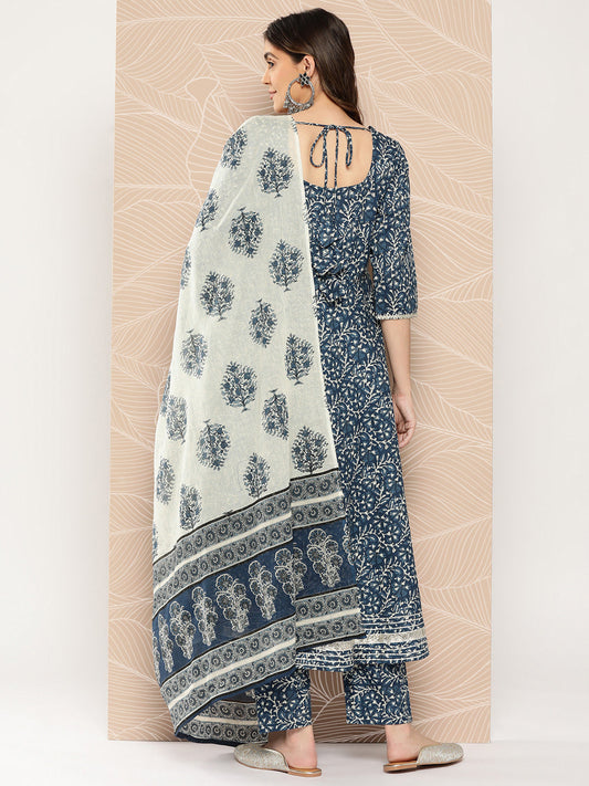 Women Blue Printed Flared Kurta And Trouser With Dupatta | LASVINI - Redefining Indian Fashion with Elegance
