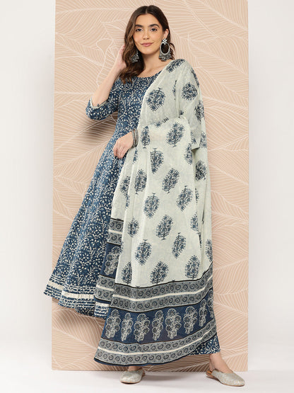 Women Blue Printed Flared Kurta And Trouser With Dupatta | LASVINI - Redefining Indian Fashion with Elegance