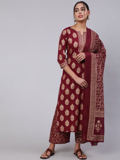 Women Burgundy Ethnic Printed Kurta With Palazzo And Dupatta | LASVINI - Redefining Indian Fashion with Elegance