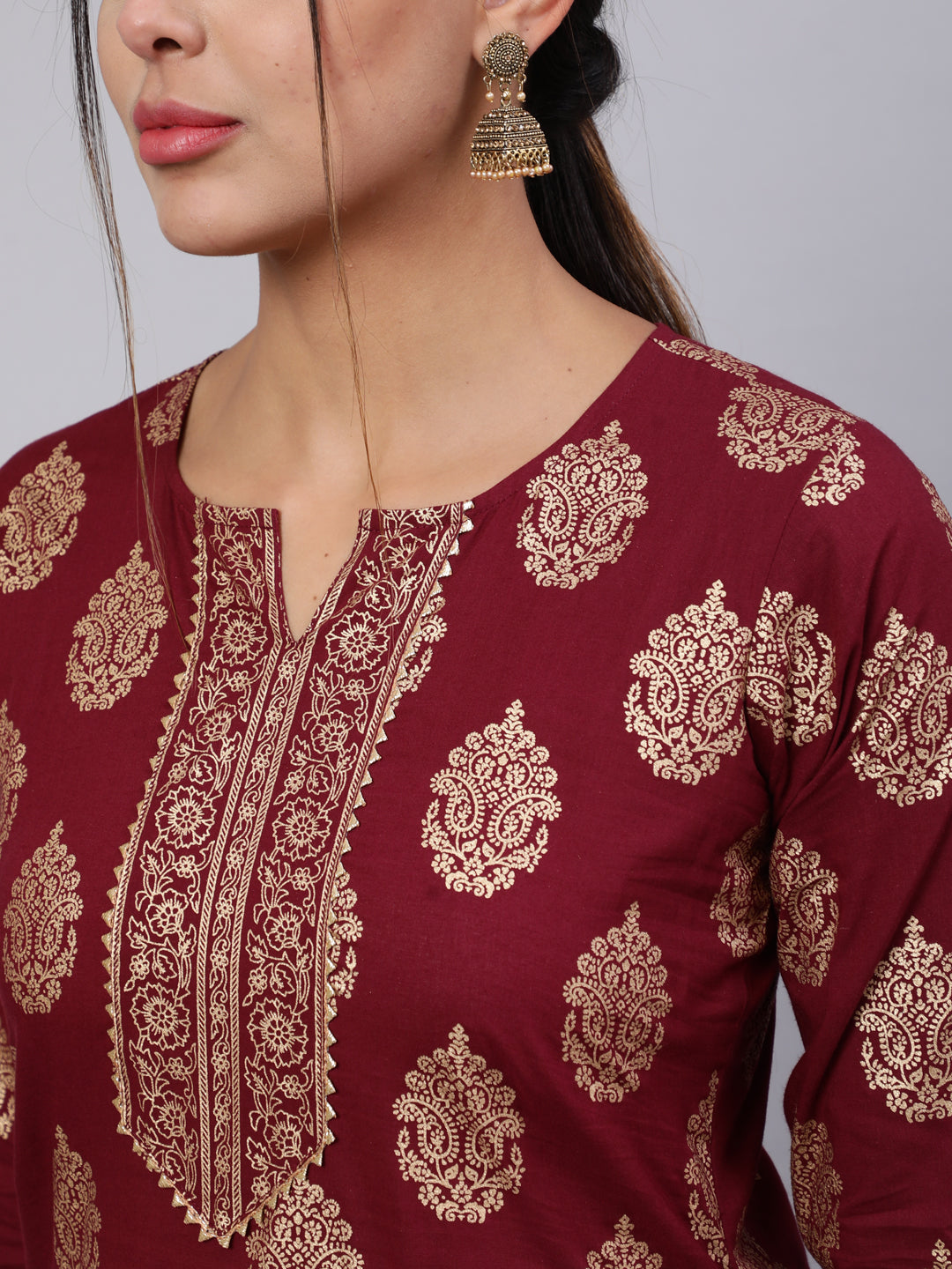 Women Burgundy Ethnic Printed Kurta With Palazzo And Dupatta | LASVINI - Redefining Indian Fashion with Elegance