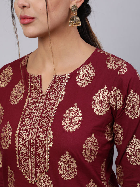 Women Burgundy Ethnic Printed Kurta With Palazzo And Dupatta | LASVINI - Redefining Indian Fashion with Elegance