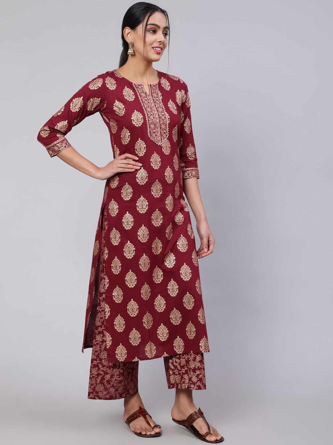 Women Burgundy Ethnic Printed Kurta With Palazzo And Dupatta | LASVINI - Redefining Indian Fashion with Elegance
