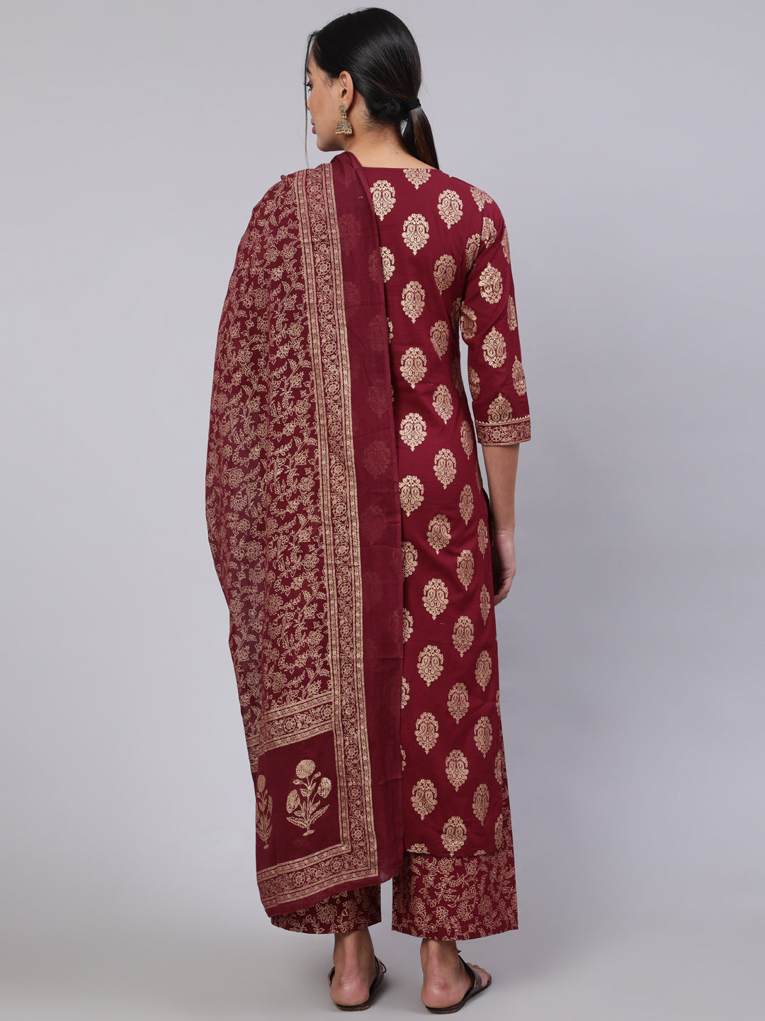Women Burgundy Ethnic Printed Kurta With Palazzo And Dupatta | LASVINI - Redefining Indian Fashion with Elegance