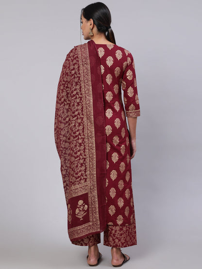 Women Burgundy Ethnic Printed Kurta With Palazzo And Dupatta | LASVINI - Redefining Indian Fashion with Elegance