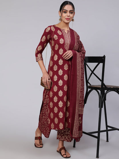 Women Burgundy Ethnic Printed Kurta With Palazzo And Dupatta | LASVINI - Redefining Indian Fashion with Elegance