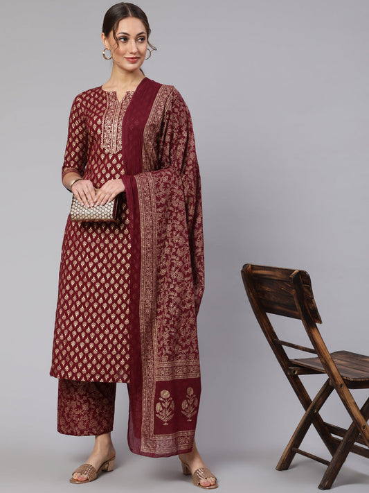 Women Burgundy Ethnic Printed Kurta With Palazzo And Dupatta | LASVINI - Redefining Indian Fashion with Elegance