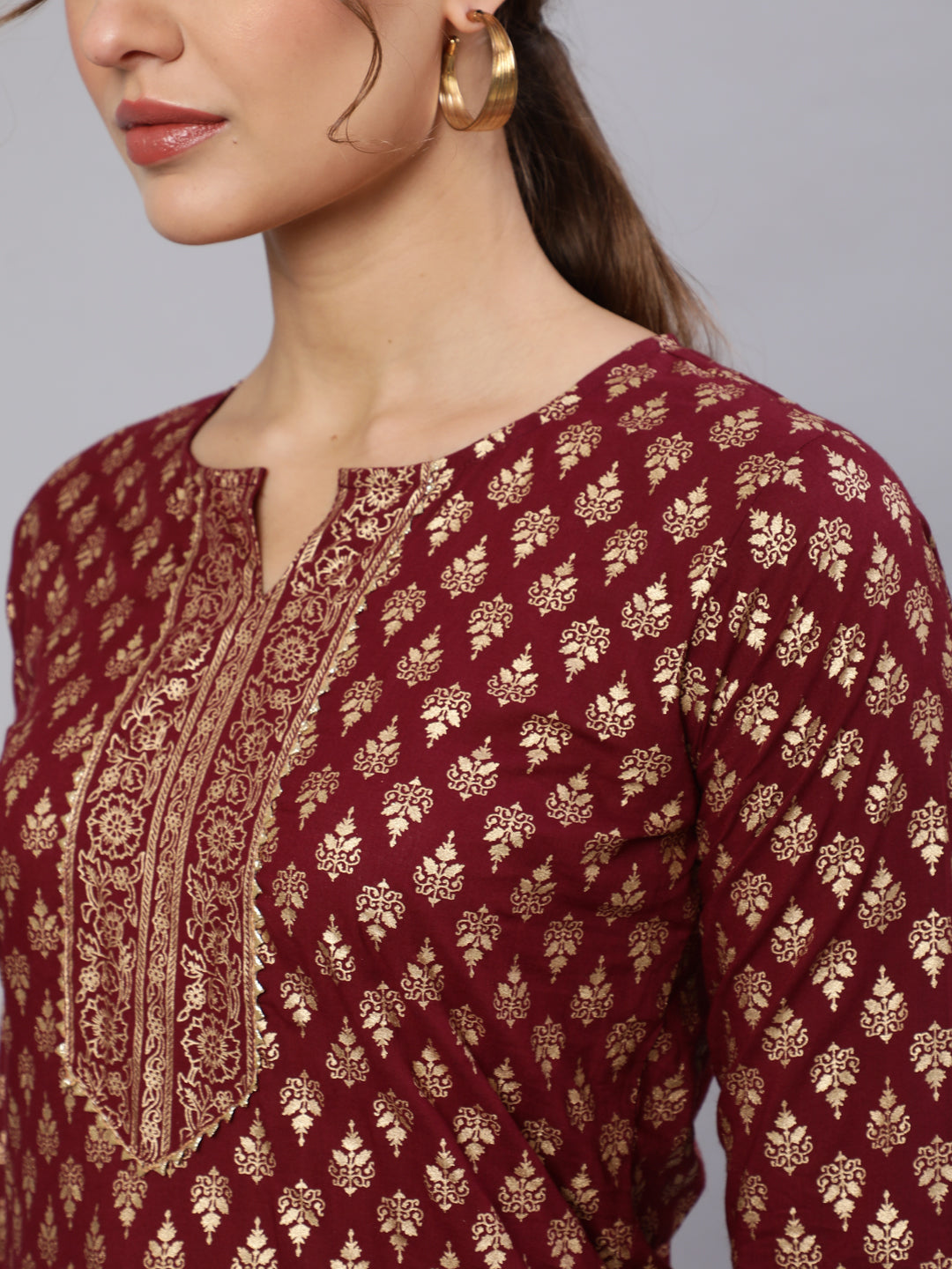 Women Burgundy Ethnic Printed Kurta With Palazzo And Dupatta | LASVINI - Redefining Indian Fashion with Elegance