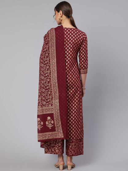 Women Burgundy Ethnic Printed Kurta With Palazzo And Dupatta | LASVINI - Redefining Indian Fashion with Elegance