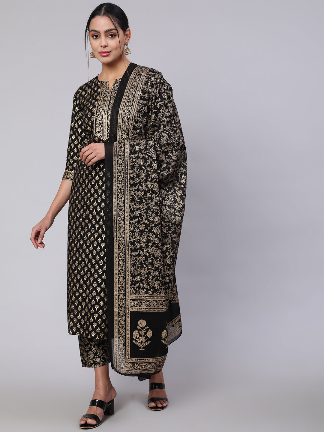 Women Black Ethnic Printed Kurta With Palazzo And Dupatta | LASVINI - Redefining Indian Fashion with Elegance