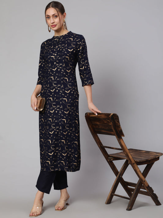 Women Navy Blue Ethnic Printed Straight Kurta With Trouser | LASVINI - Redefining Indian Fashion with Elegance