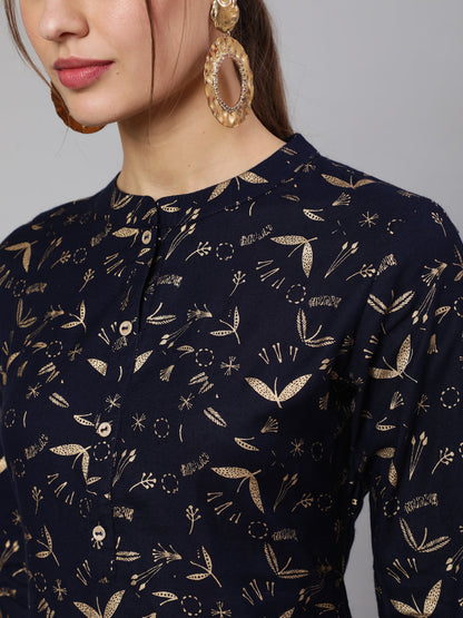 Women Navy Blue Ethnic Printed Straight Kurta With Trouser | LASVINI - Redefining Indian Fashion with Elegance