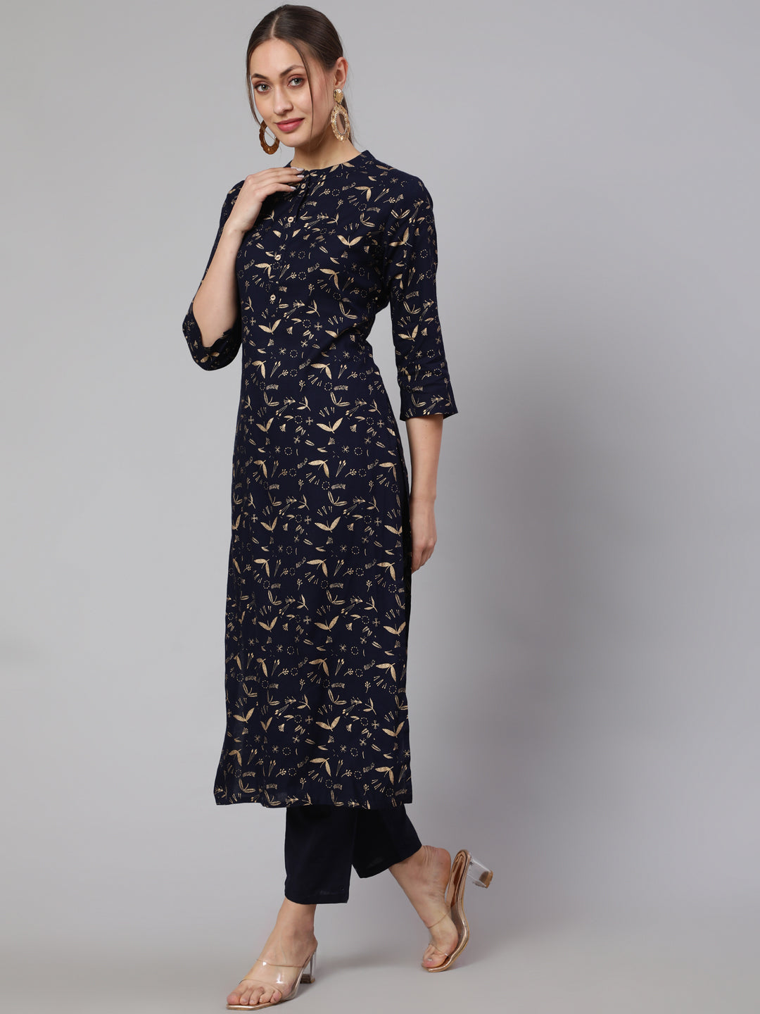 Women Navy Blue Ethnic Printed Straight Kurta With Trouser | LASVINI - Redefining Indian Fashion with Elegance