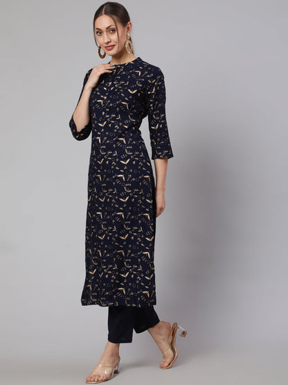 Women Navy Blue Ethnic Printed Straight Kurta With Trouser | LASVINI - Redefining Indian Fashion with Elegance