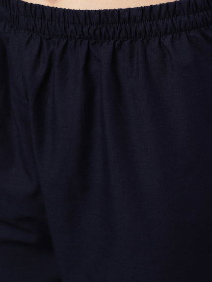 Women Navy Blue Ethnic Printed Straight Kurta With Trouser | LASVINI - Redefining Indian Fashion with Elegance