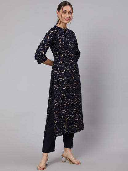 Women Navy Blue Ethnic Printed Straight Kurta With Trouser | LASVINI - Redefining Indian Fashion with Elegance
