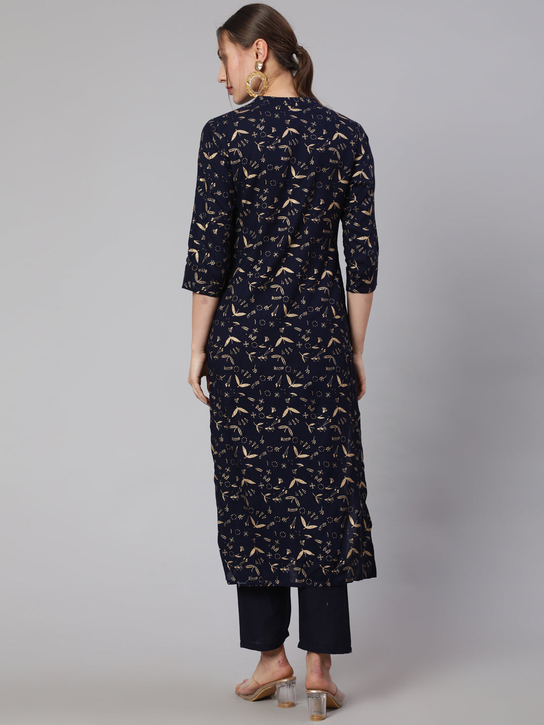 Women Navy Blue Ethnic Printed Straight Kurta With Trouser | LASVINI - Redefining Indian Fashion with Elegance