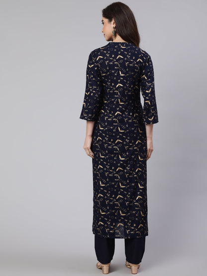 Women Navy Blue Ethnic Printed Straight Kurta With Trouser | LASVINI - Redefining Indian Fashion with Elegance